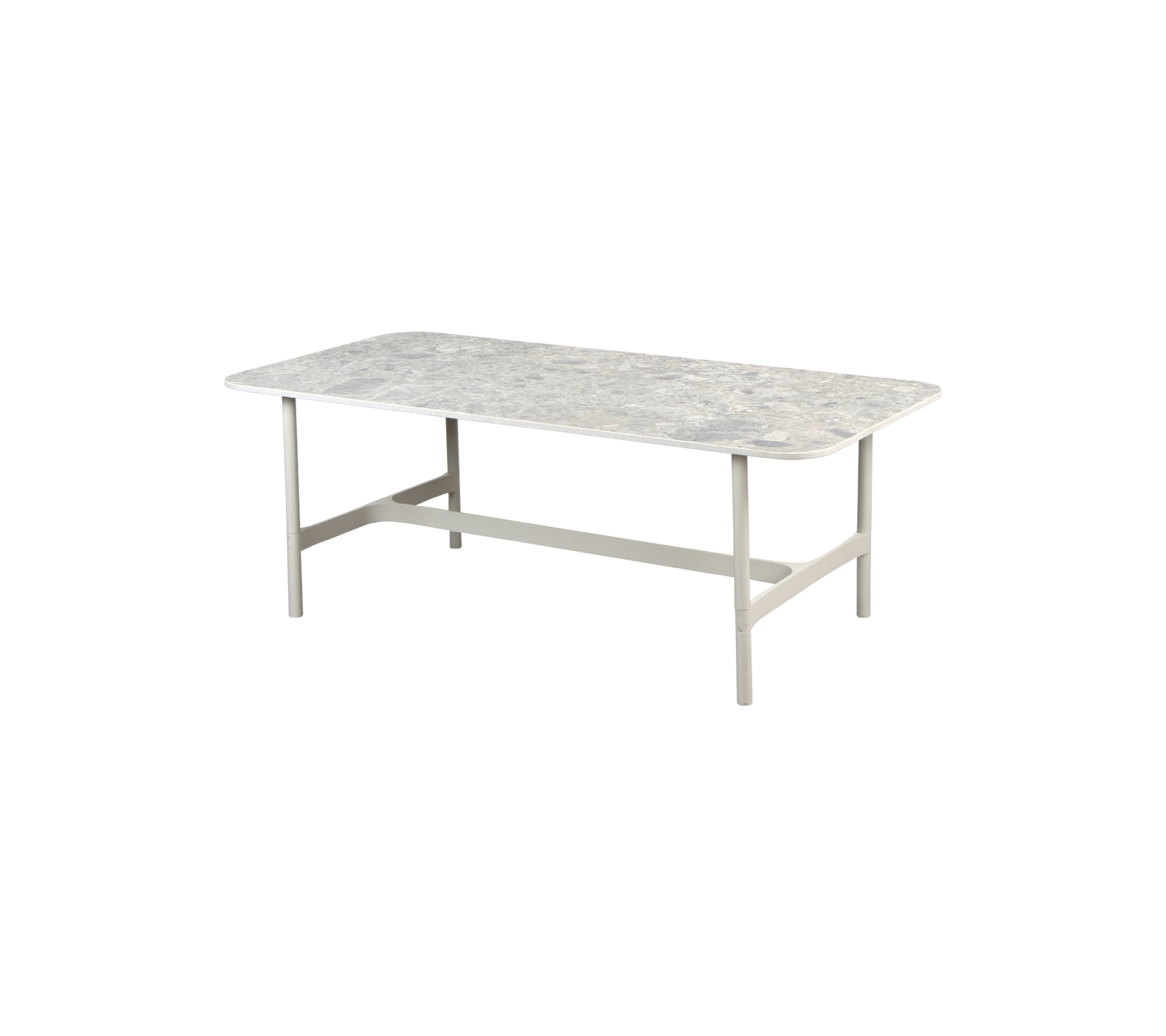 Una mesa rectangular con una superficie texturizada y patas resistentes, diseñada para diversos entornos y actividades.