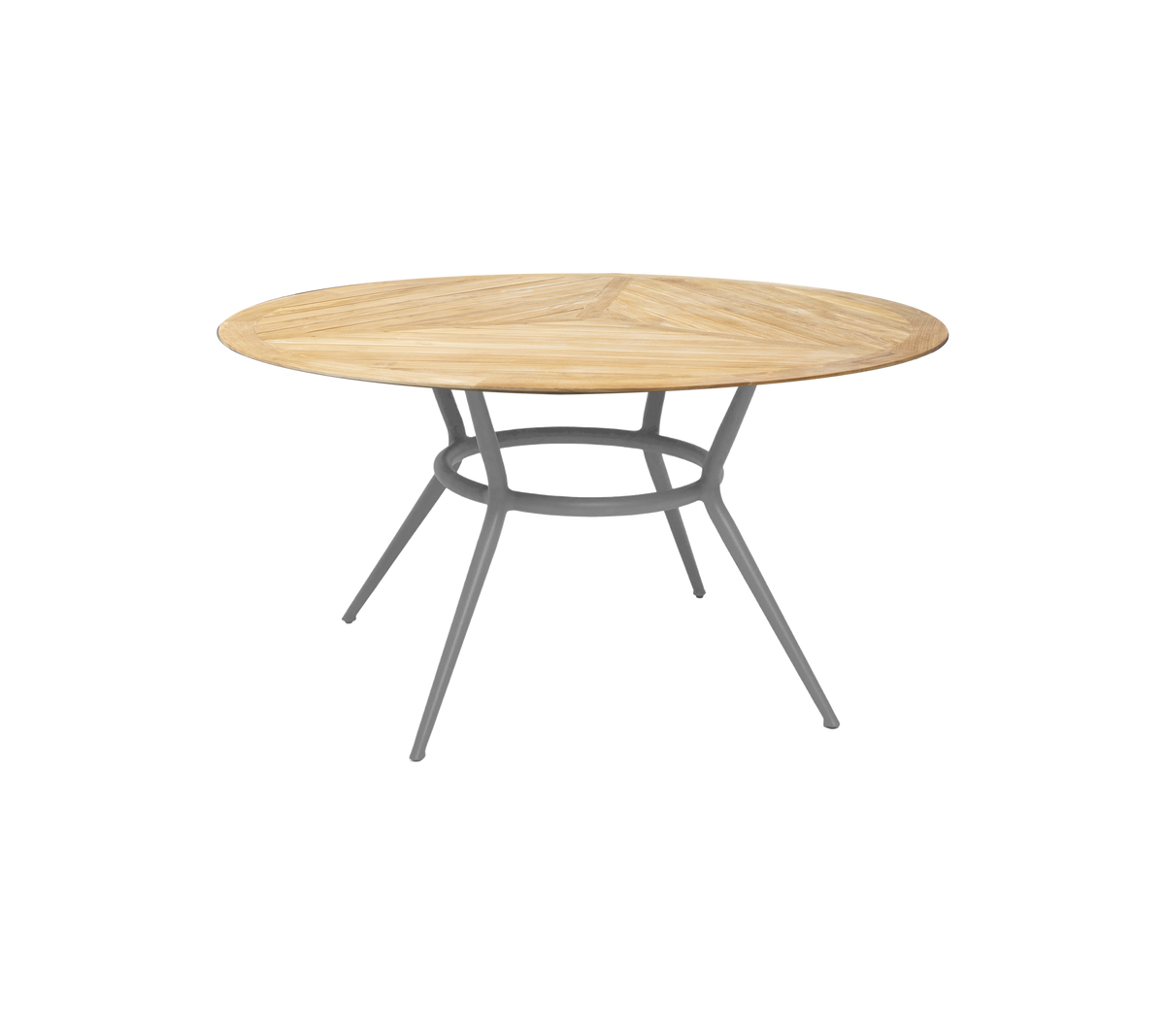 Mesa redonda de madera con un acabado natural y una base de metal moderna y elegante con tres patas anguladas. Ideal para diferentes entornos.