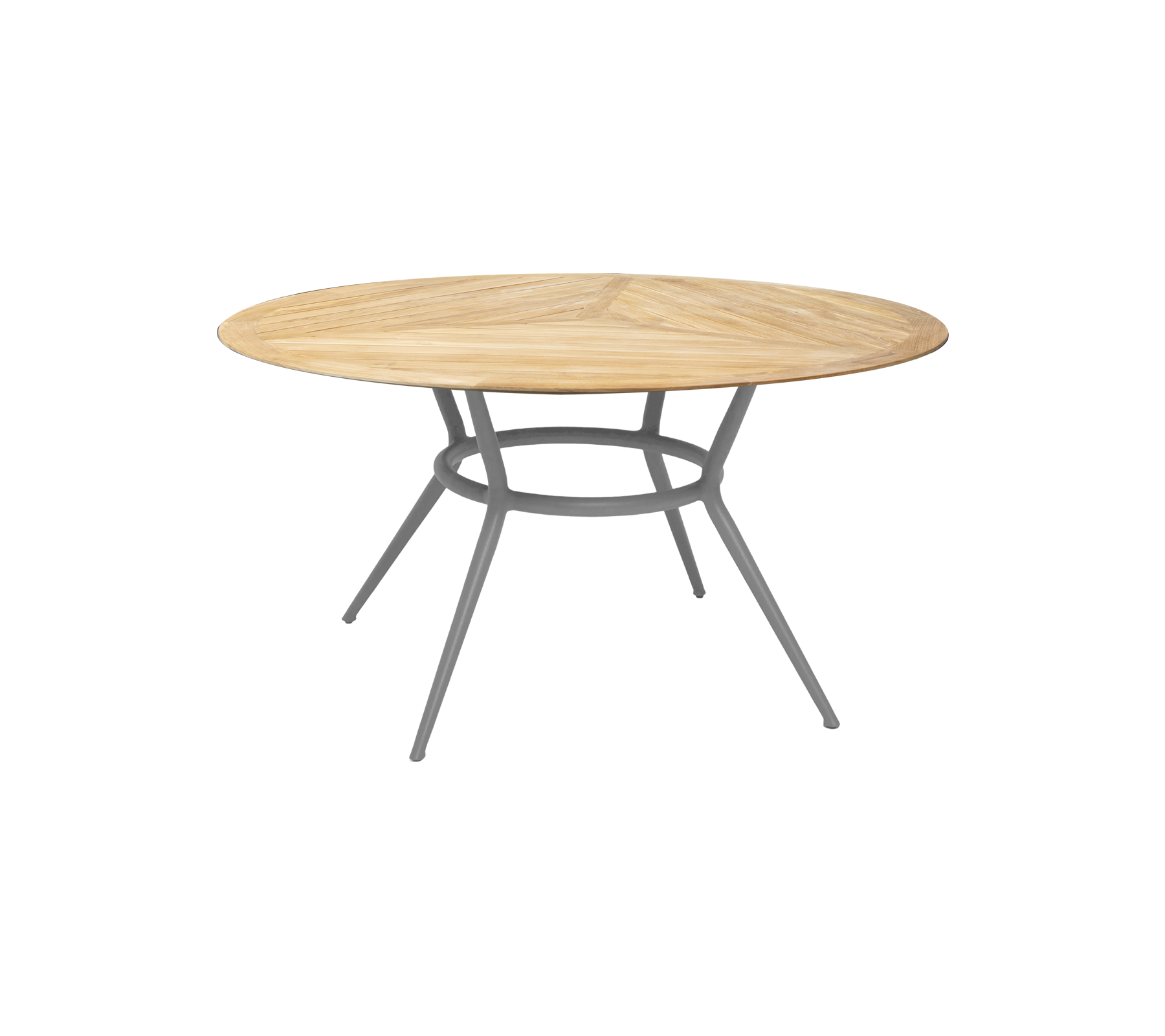 Mesa redonda de madera con un acabado natural y una base de metal moderna y elegante con tres patas anguladas. Ideal para diferentes entornos.