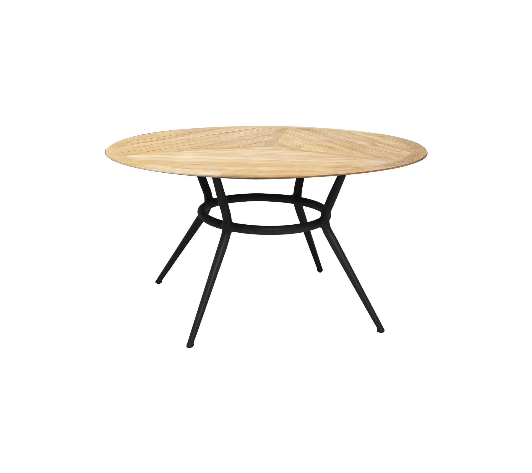 Mesa redonda de madera con un acabado en madera clara y una base de metal negro, con un diseño elegante y moderno.