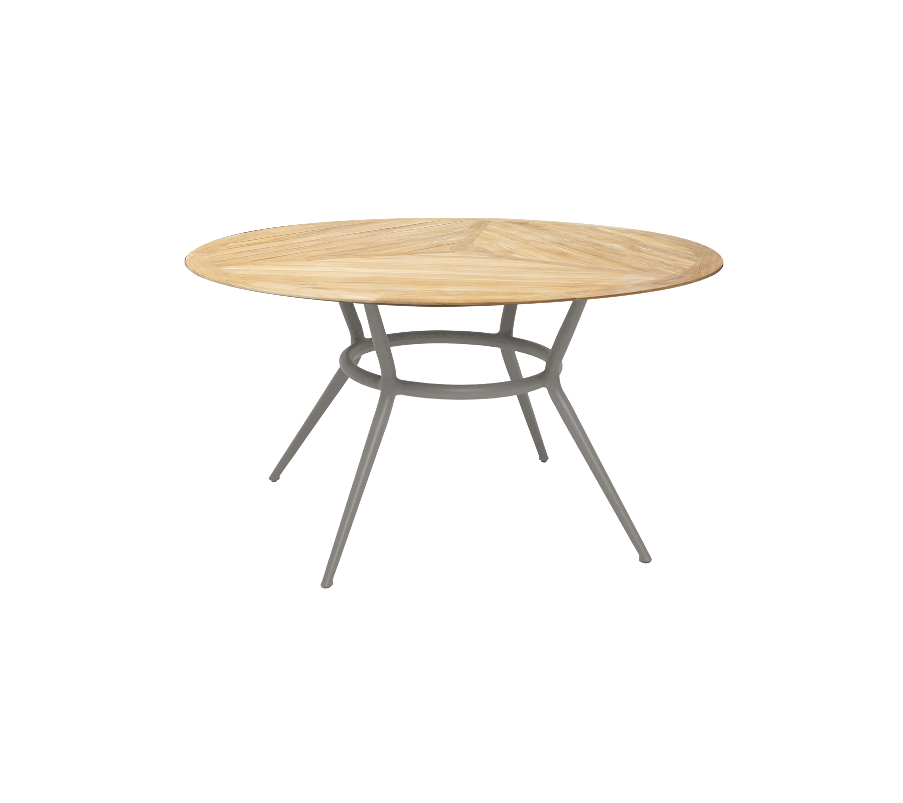 Mesa redonda de madera con un acabado en madera clara y patas grises y robustas, que ofrece un diseño moderno y elegante para diversos entornos.