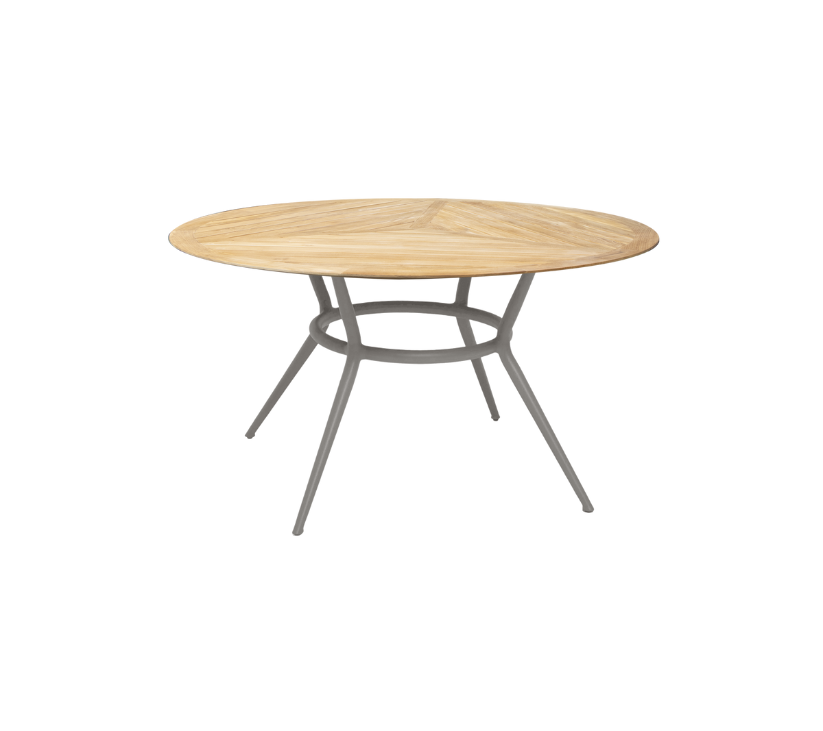 Mesa redonda de madera con un acabado en madera clara y patas grises y robustas, que ofrece un diseño moderno y elegante para diversos entornos.