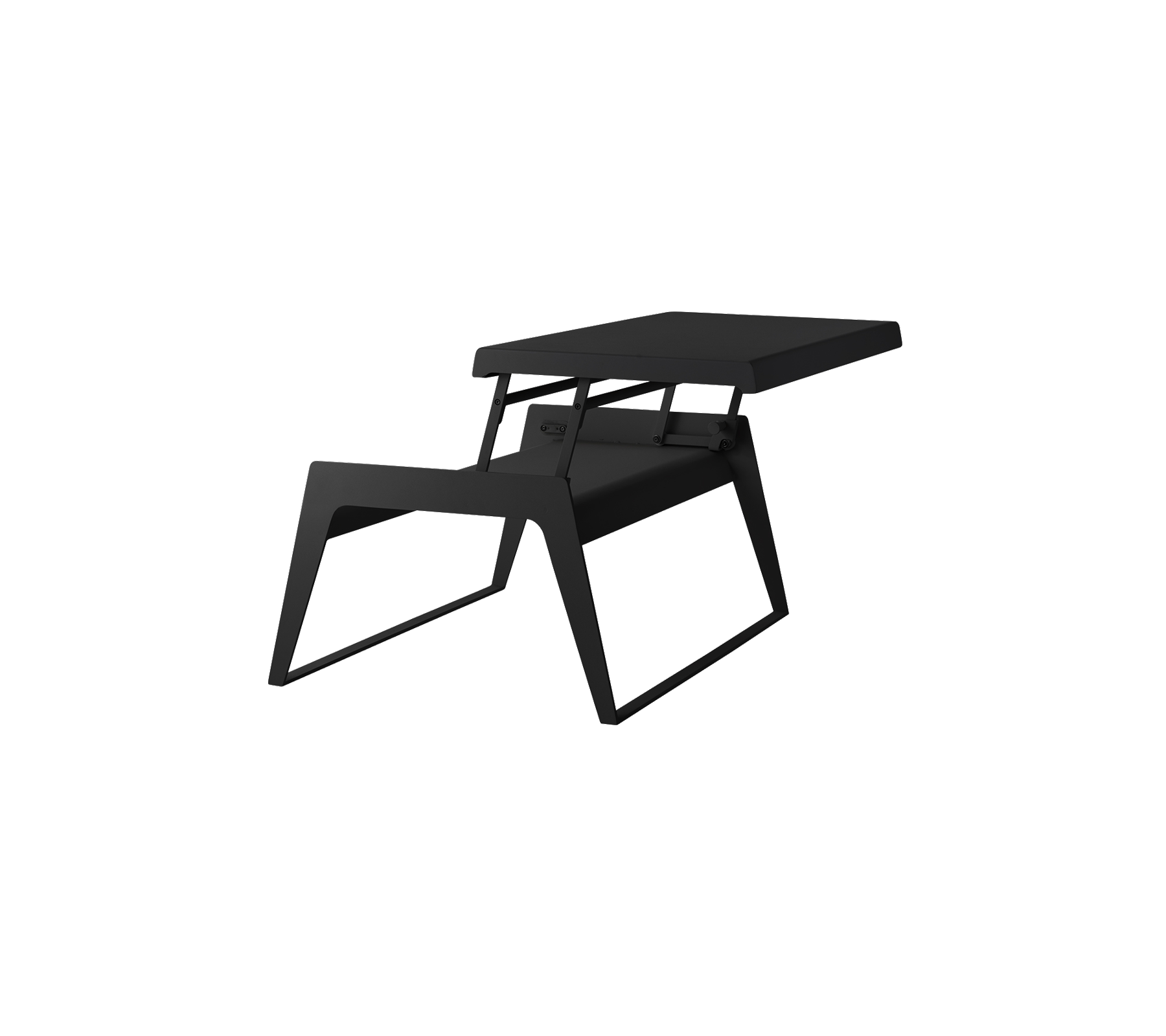 Mesa negra elegante con un diseño moderno que presenta una superficie espaciosa y patas únicas en ángulo. Ideal para espacios contemporáneos.
