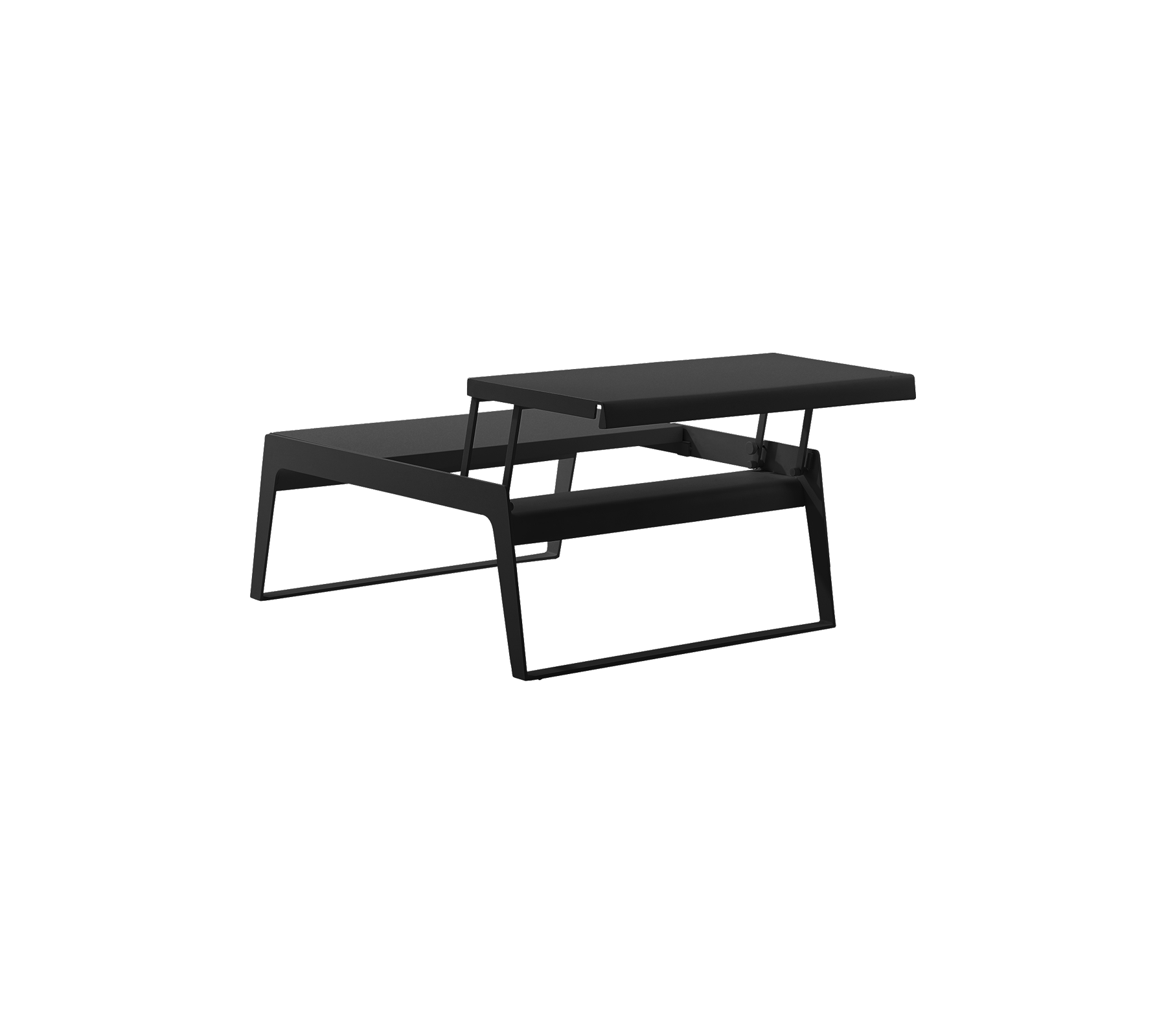 Mesa de café negra moderna con un diseño elegante y minimalista, que cuenta con una parte superior en capas y un marco resistente. Ideal para espacios contemporáneos.