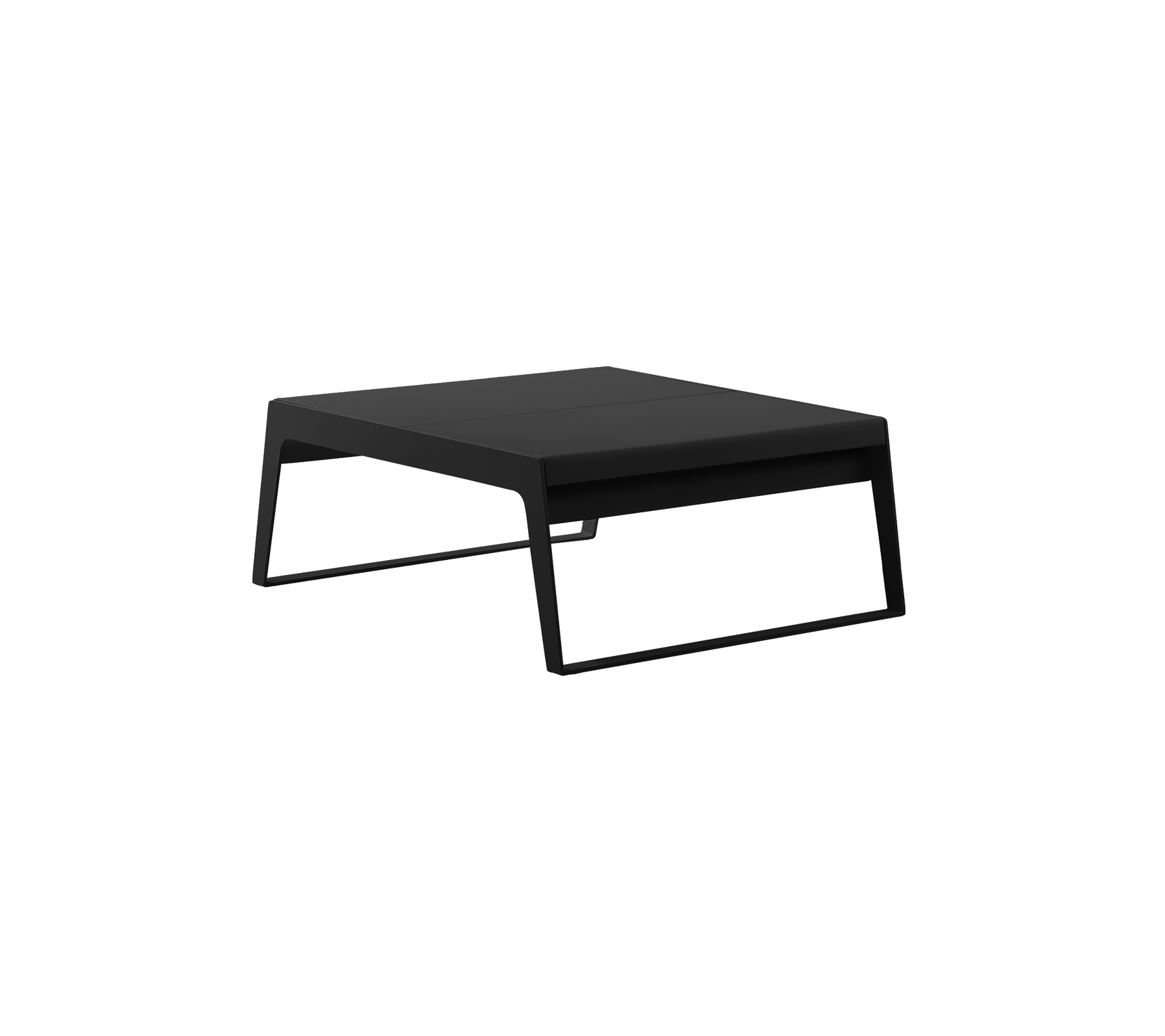 Mesa negra moderna con un diseño minimalista, que cuenta con una superficie plana y patas elegantes, adecuada para diversos entornos.