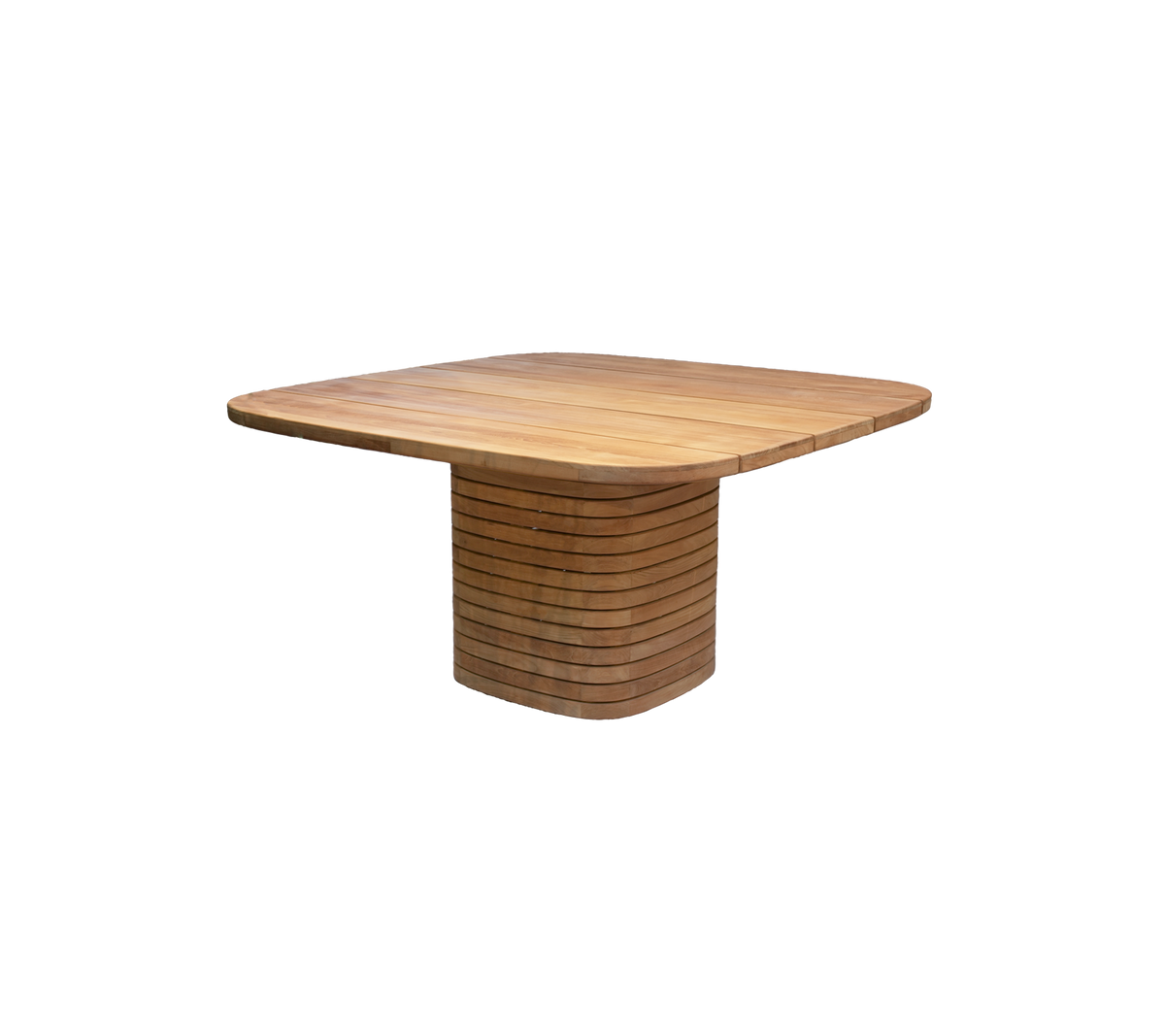 Mesa de comedor cuadrada de teca con un diseño de base único.