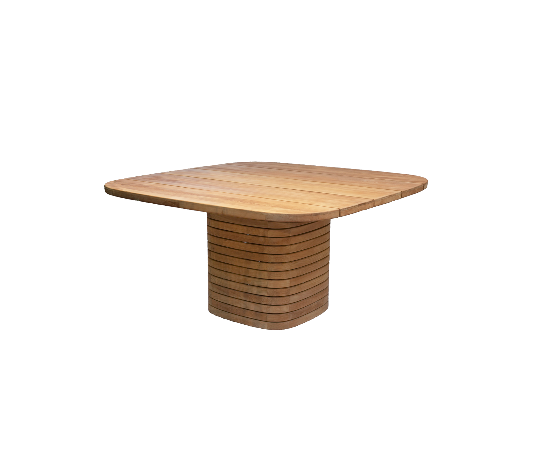 Mesa de comedor cuadrada de teca con un diseño de base único.