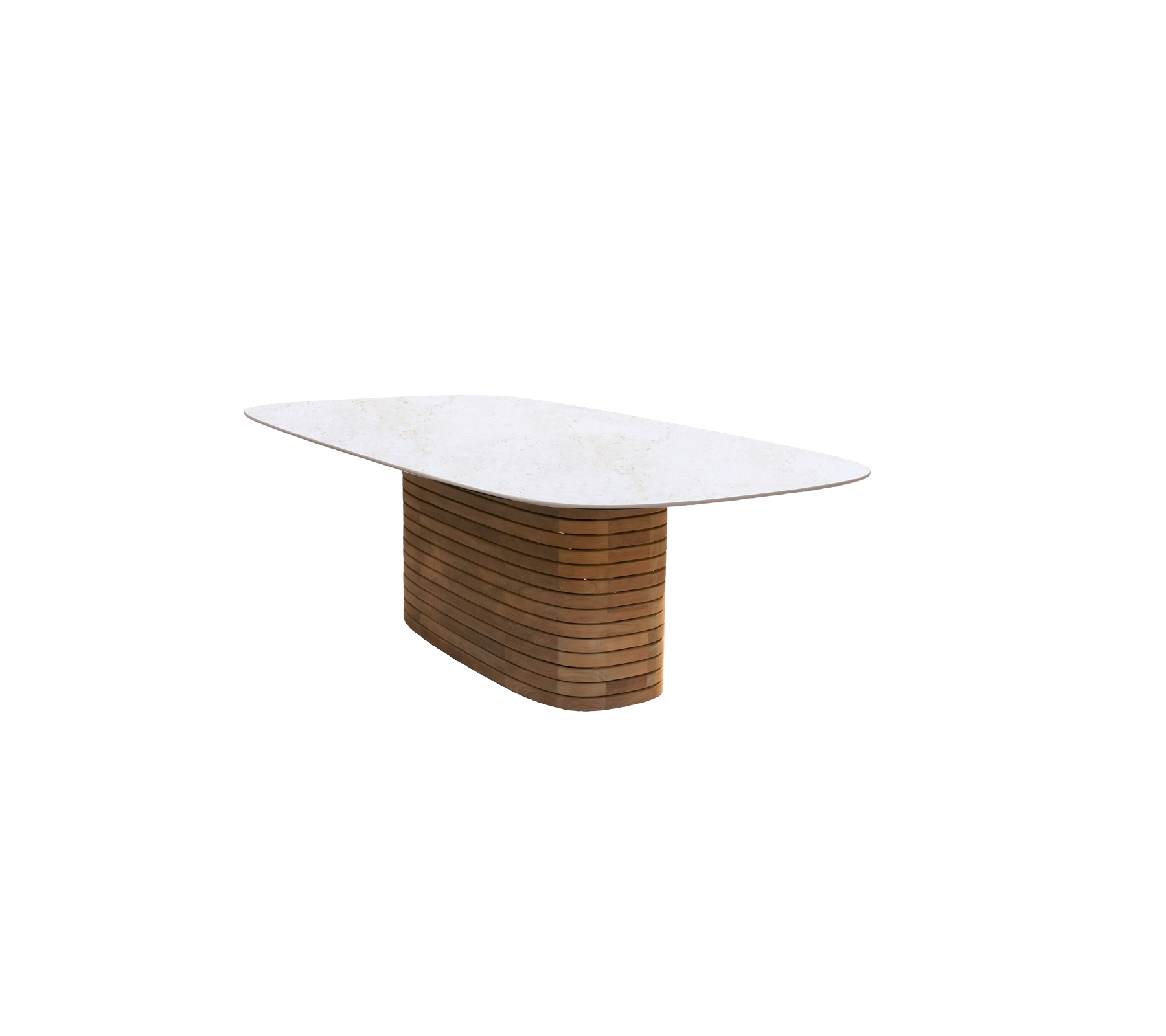 Mesa de comedor moderna con base de teca y una superficie de aspecto travertino.