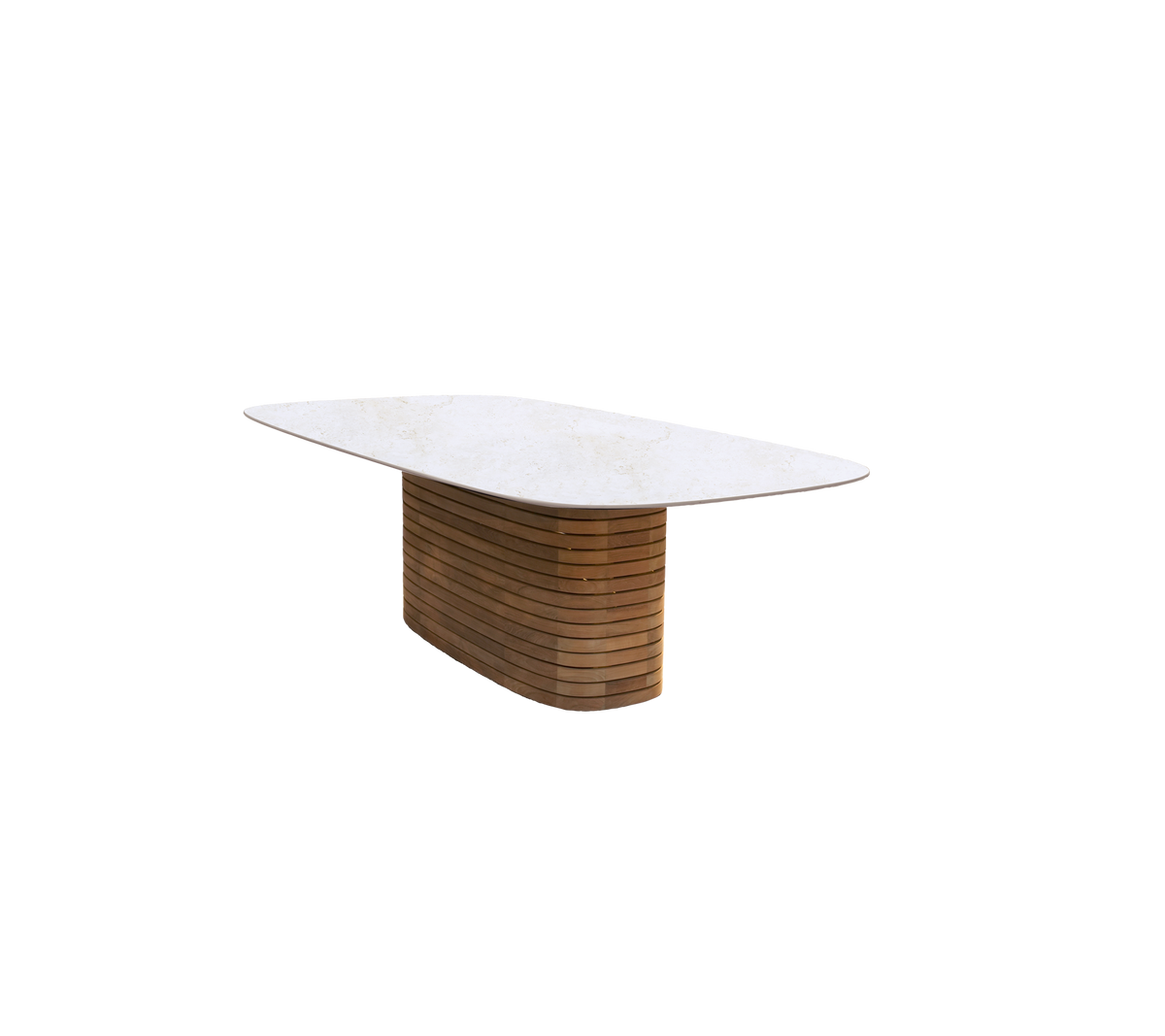 Mesa de comedor moderna con base de teca y una superficie de aspecto travertino.