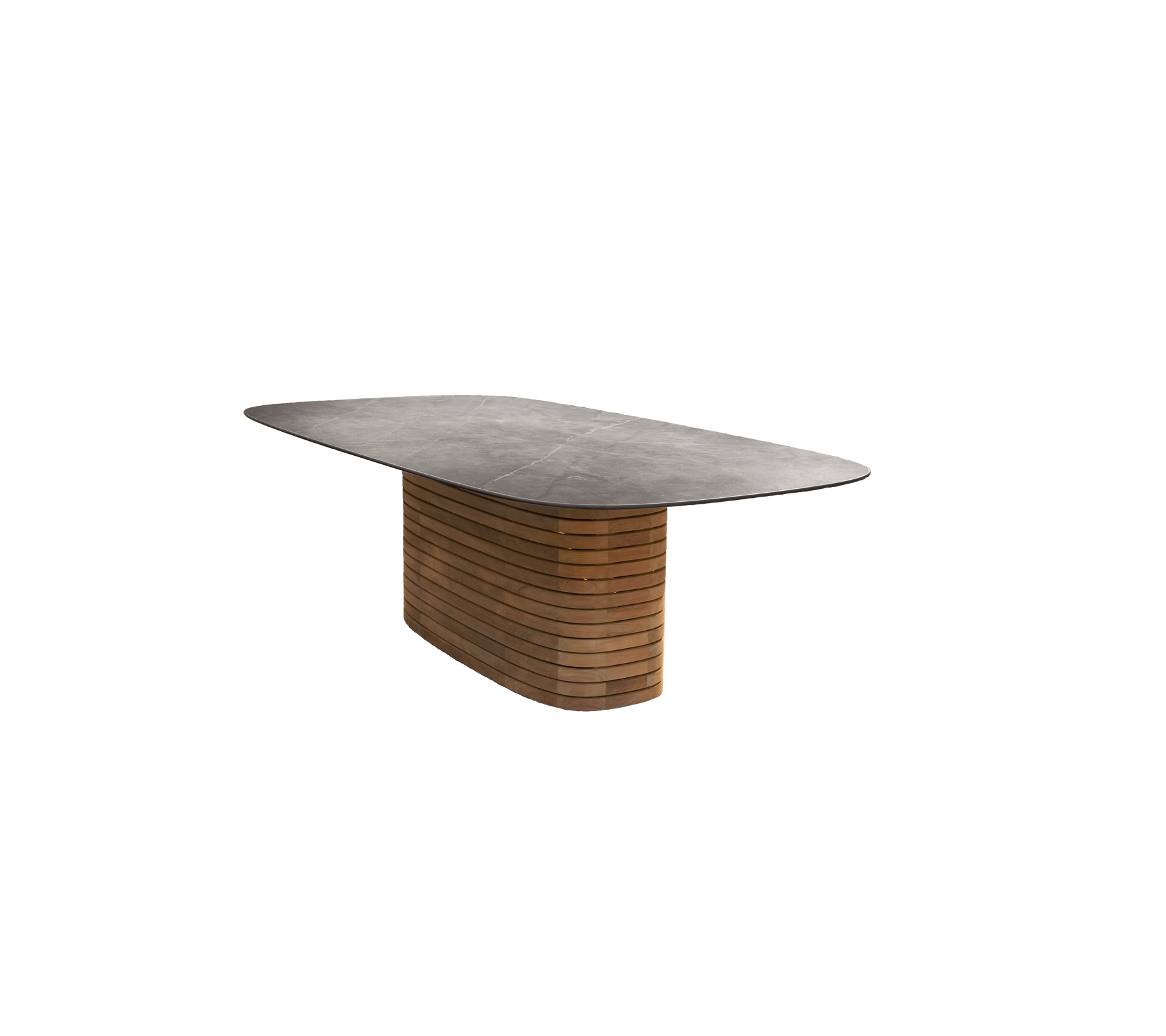 Mesa de teca con una superficie lisa y un diseño de base distintivo.