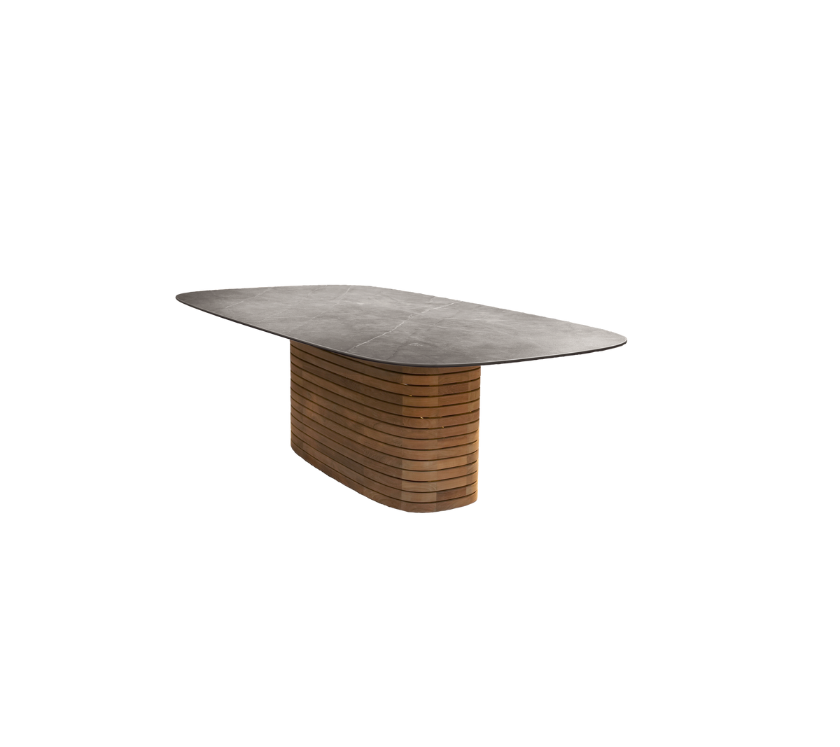Mesa de teca con una superficie lisa y un diseño de base distintivo.