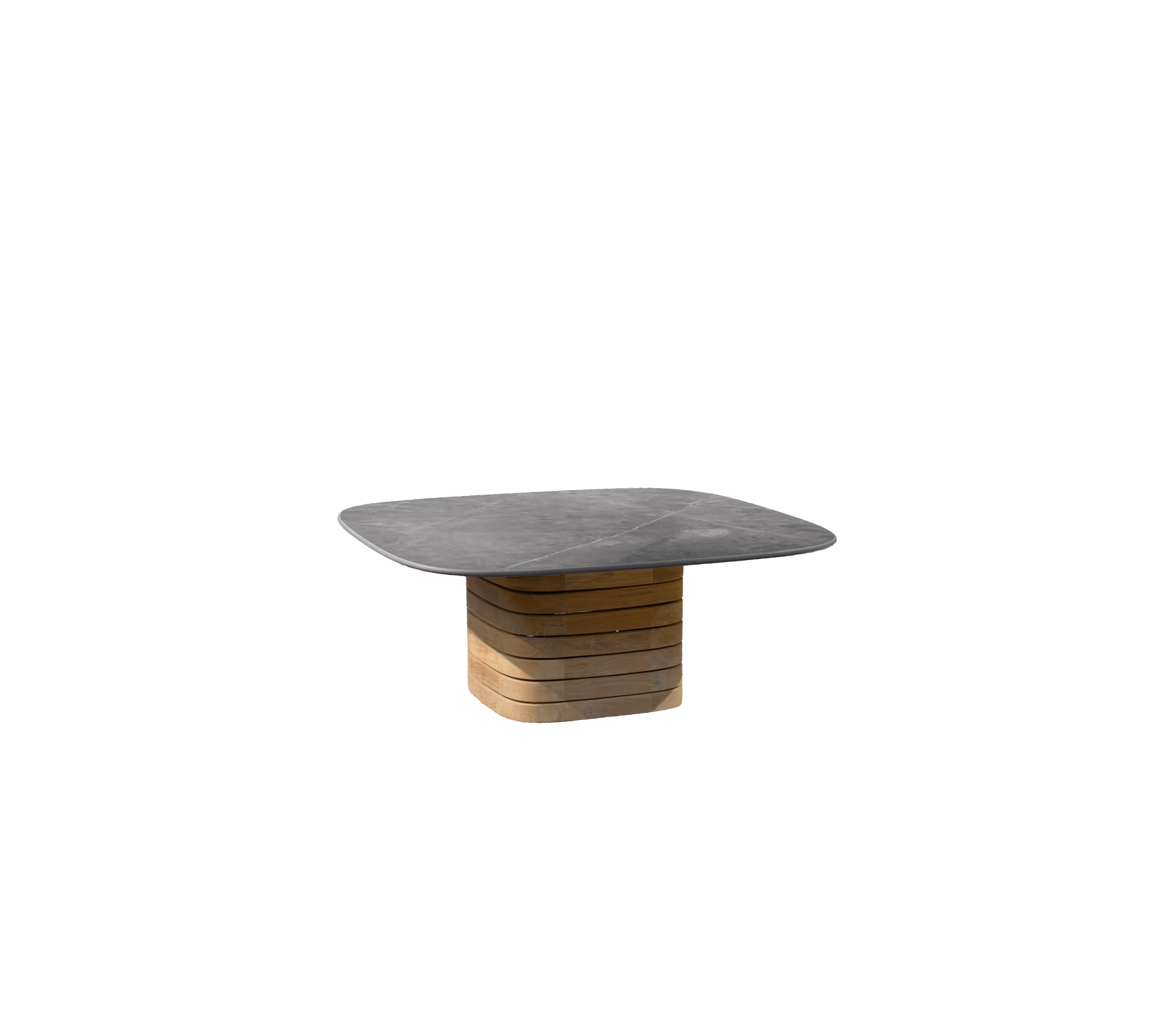 Mesa gris con base de teca en un diseño moderno.