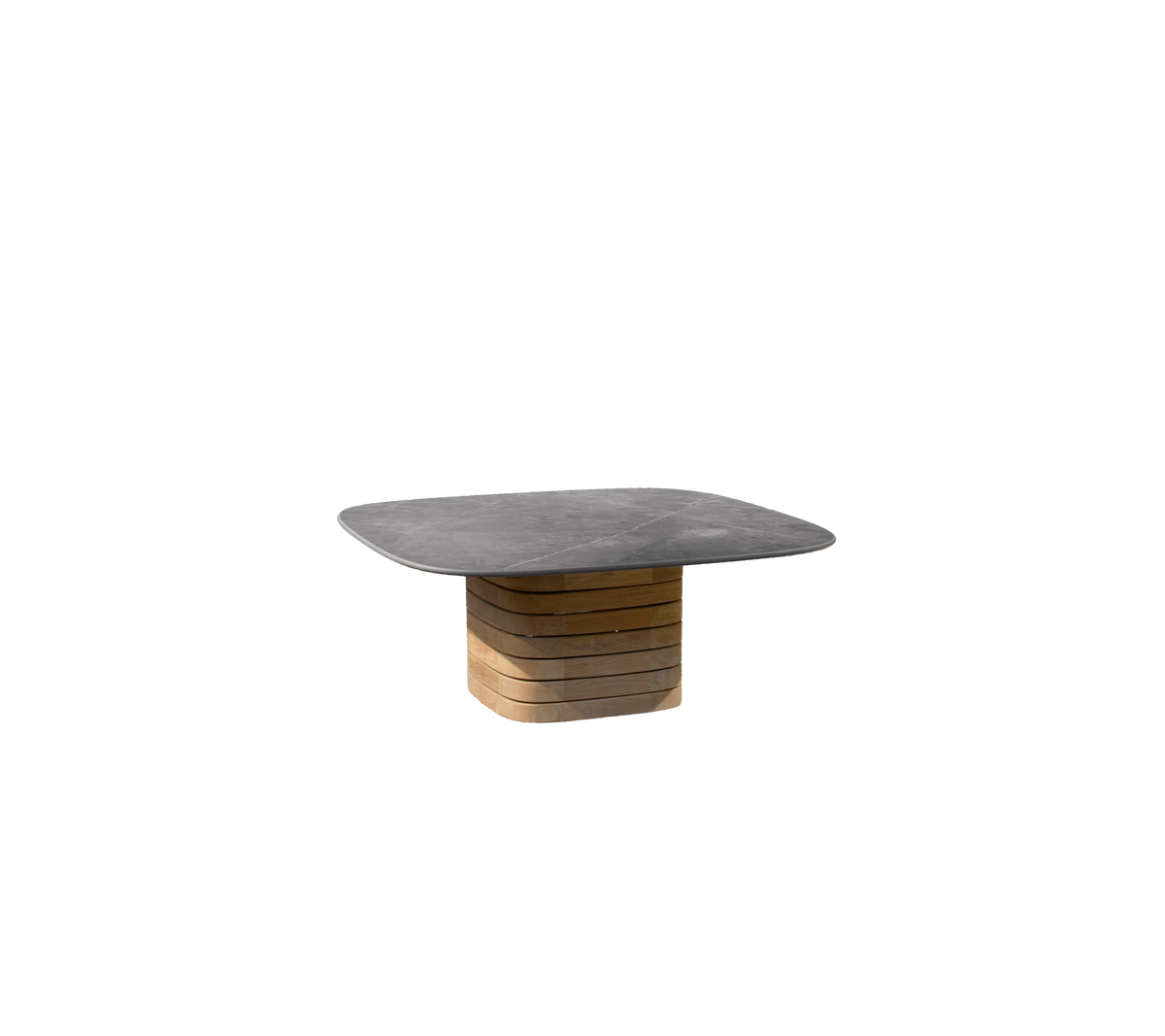 Mesa gris con base de teca en un diseño moderno.
