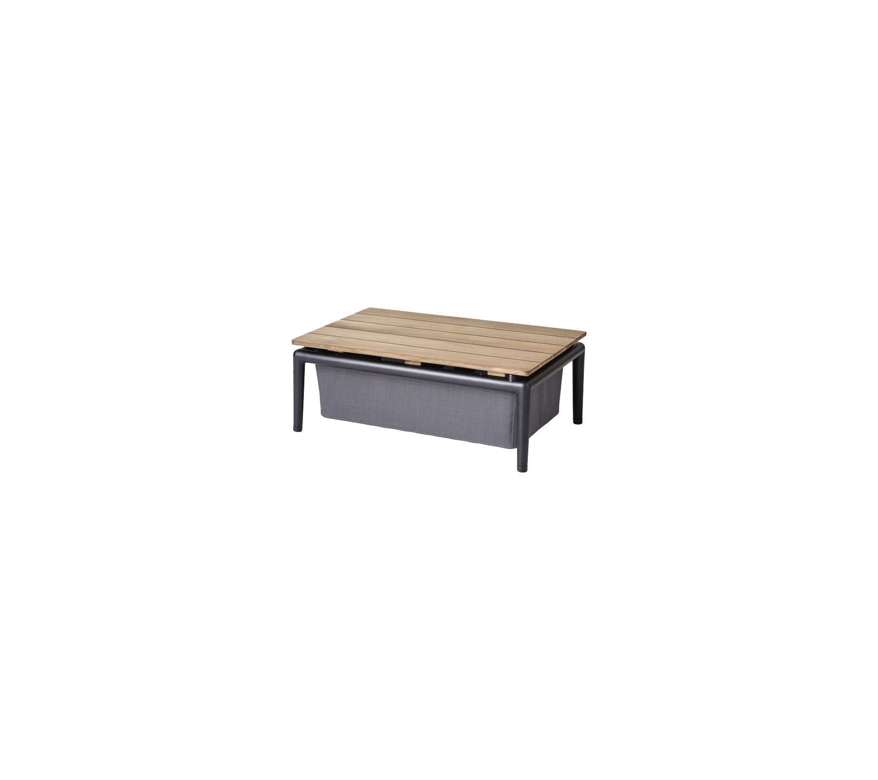 Mesa de café con una parte superior de madera y un compartimento de almacenamiento, con un diseño minimalista y colores contrastantes.