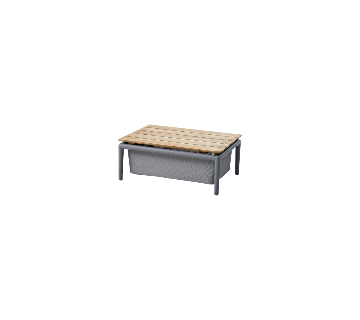 Mesa rectangular con una tapa de madera y un marco gris robusto, diseñada para un uso versátil en varios entornos.