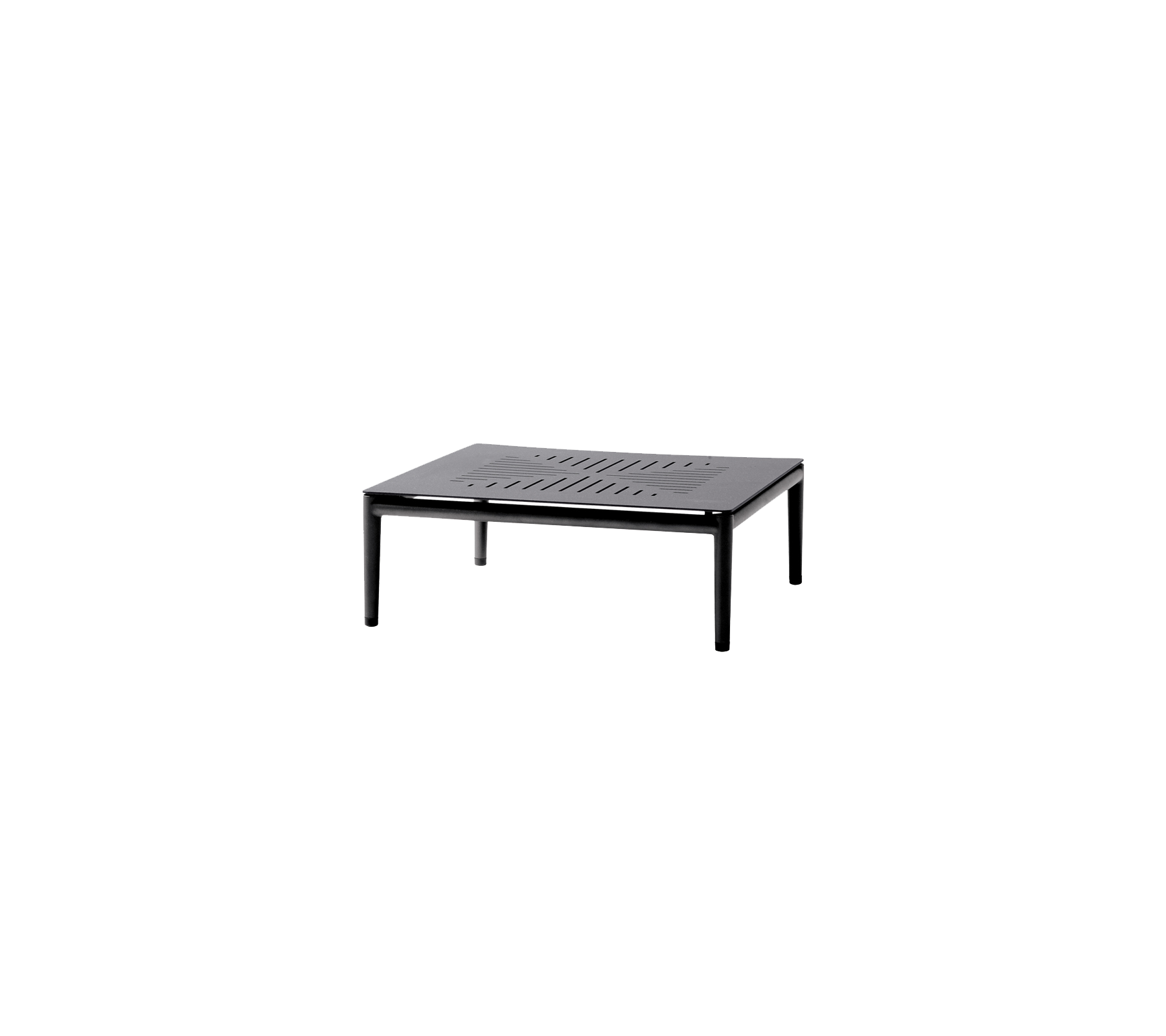 Mesa negra cuadrada con una parte superior de listones y patas robustas, adecuada para diversos entornos y propósitos.