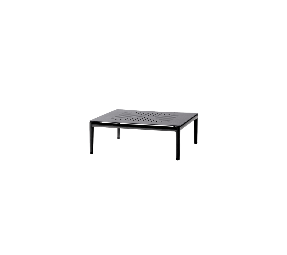 Mesa negra cuadrada con una parte superior de listones y patas robustas, adecuada para diversos entornos y propósitos.