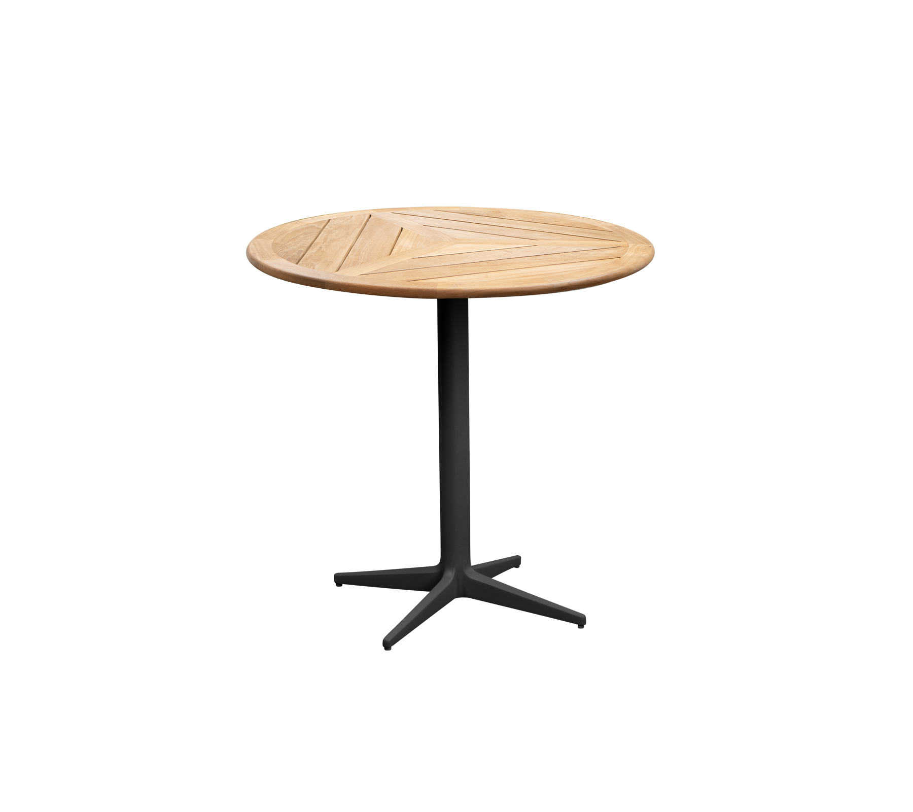 Mesa redonda de madera con una superficie de listones y una base negra resistente, perfecta para reuniones informales o decoración estética.
