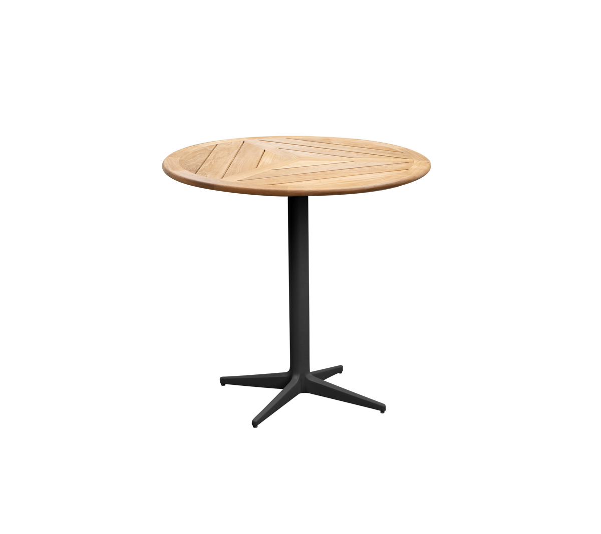 Mesa redonda de madera con una superficie de listones y una base negra resistente, perfecta para reuniones informales o decoración estética.