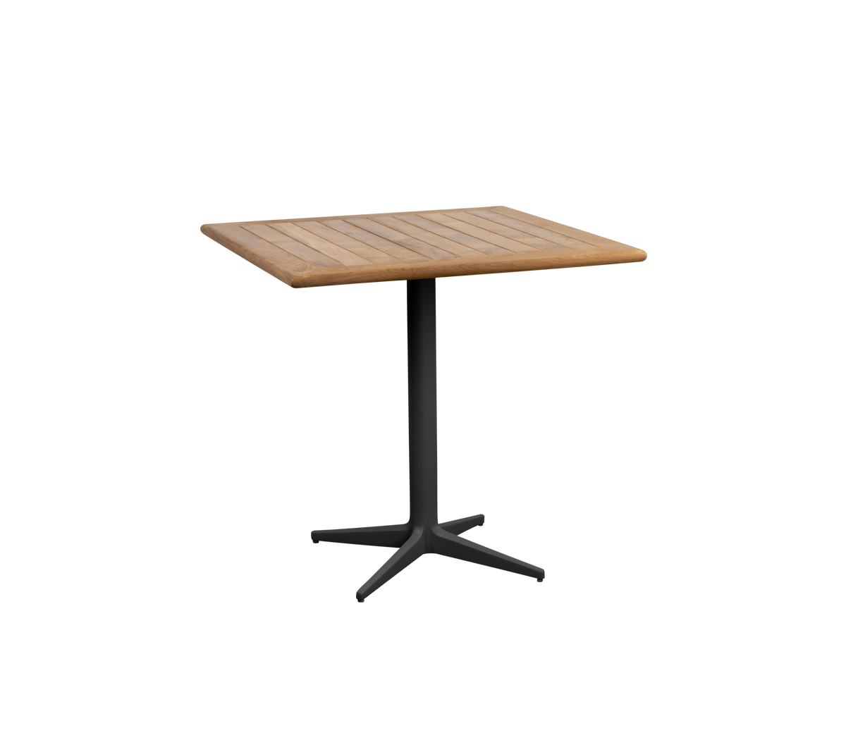 Mesa cuadrada con una superficie de madera y una base de pedestal negra elegante, ideal para diversos entornos y reuniones.