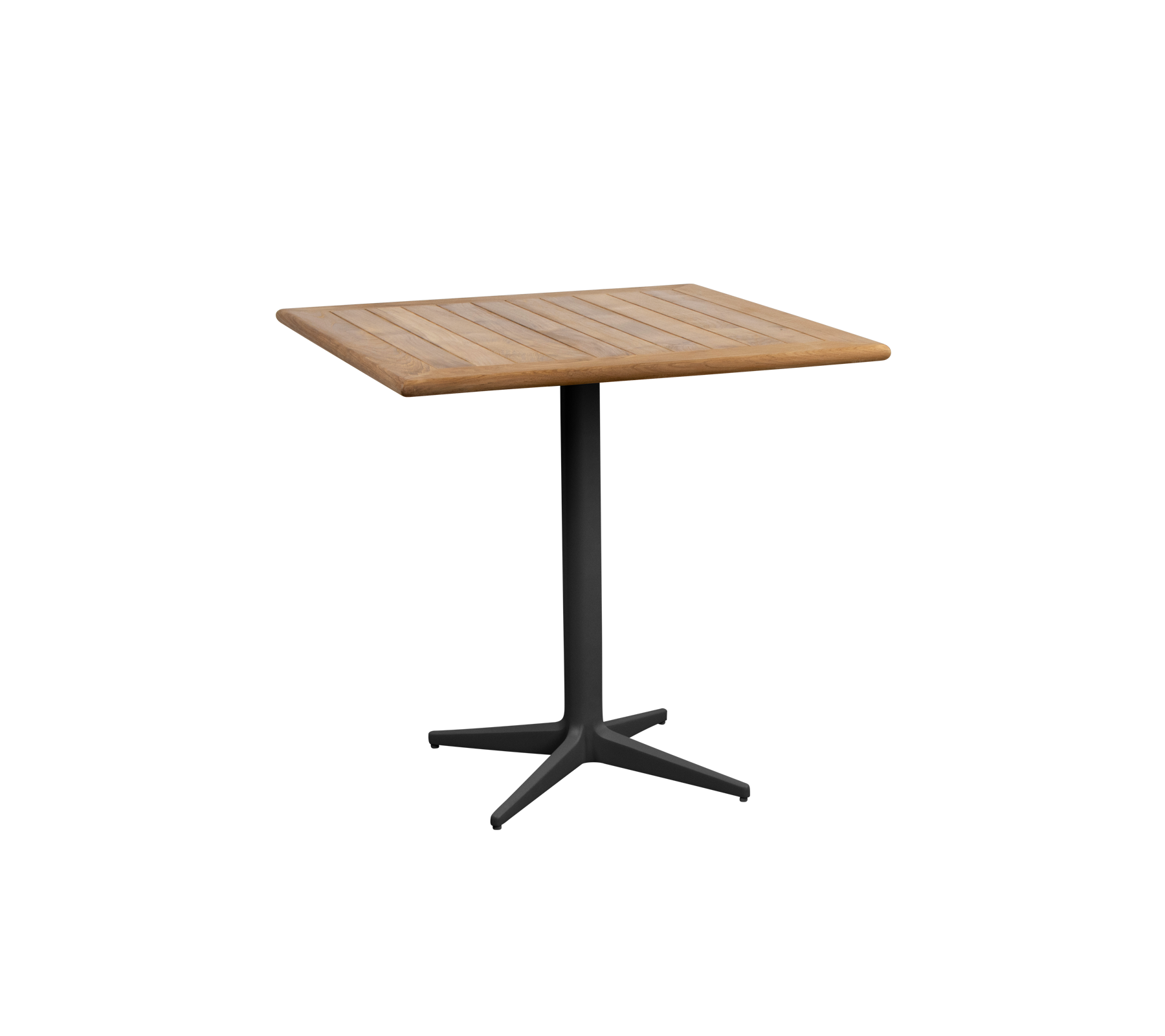 Mesa cuadrada con una superficie de madera y una base de pedestal negra elegante, ideal para diversos entornos y reuniones.