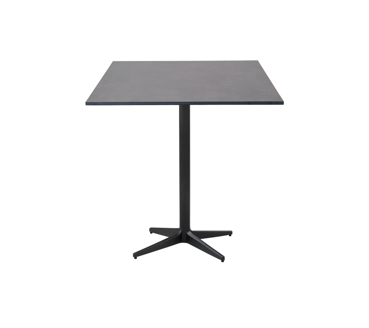 Mesa cuadrada moderna con una superficie lisa y una base central de pedestal, ideal para varios entornos y reuniones.
