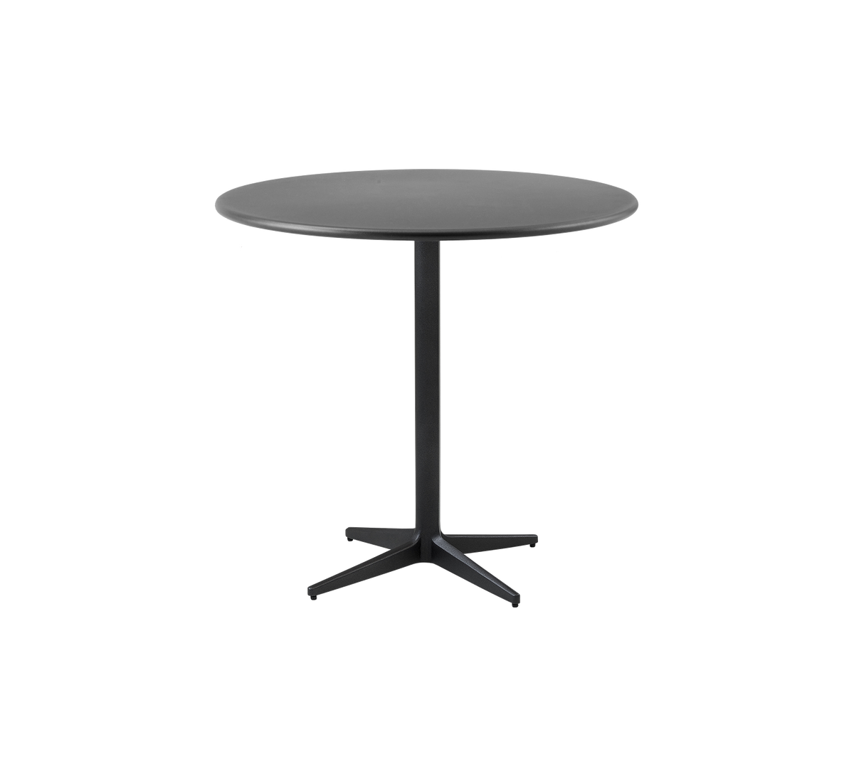 Mesa redonda con un acabado negro elegante y un diseño minimalista, que cuenta con una base central robusta para la estabilidad.