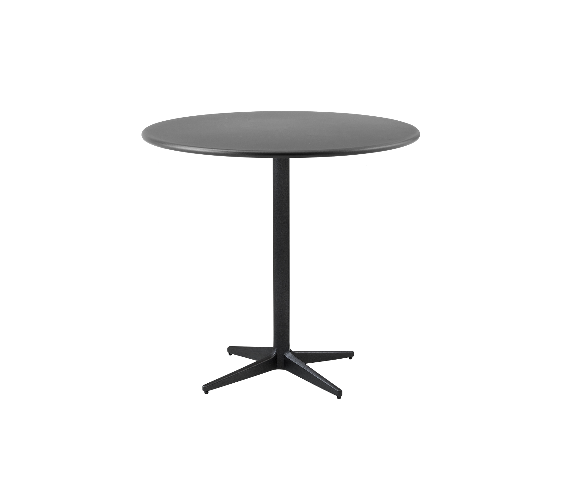 Mesa redonda con un acabado negro elegante y un diseño minimalista, que cuenta con una base central robusta para la estabilidad.