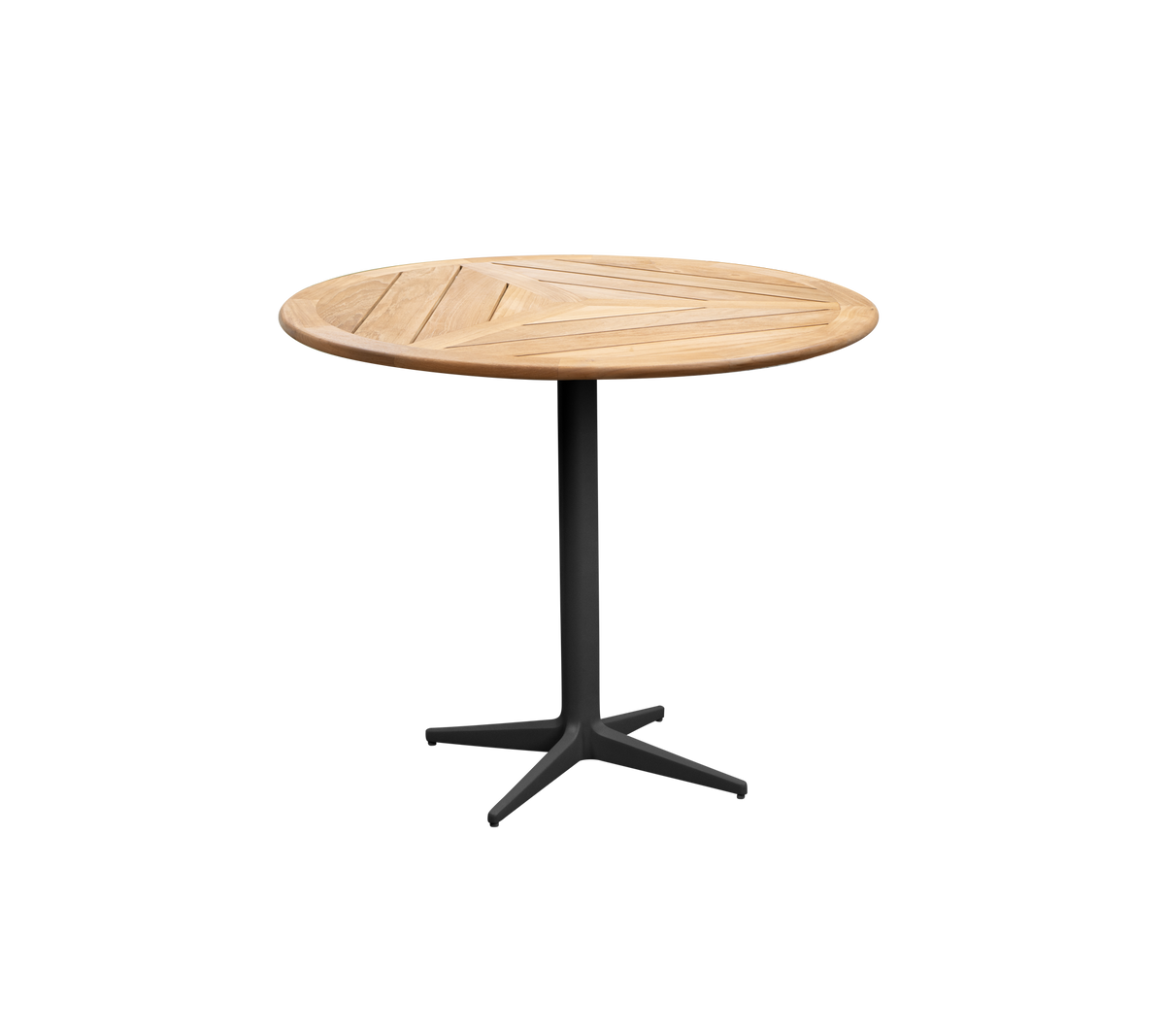 Mesa redonda de madera con un diseño elegante y una base negra robusta, perfecta para diversos entornos. Ideal para comidas informales o reuniones.