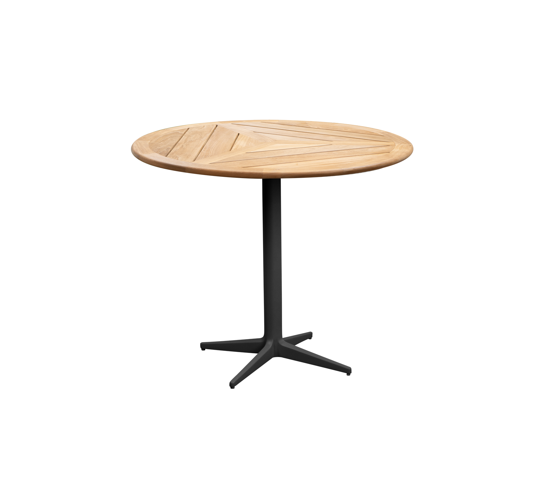 Mesa redonda de madera con un diseño elegante y una base negra robusta, perfecta para diversos entornos. Ideal para comidas informales o reuniones.