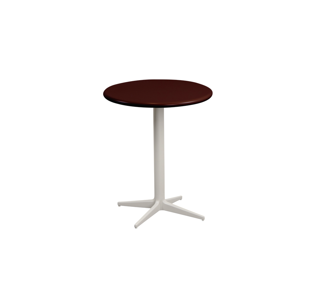 Mesa redonda burdeos con base blanca.