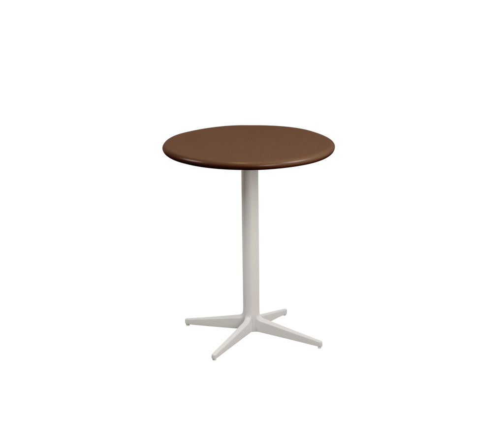 Mesa redonda marrón con una base blanca.