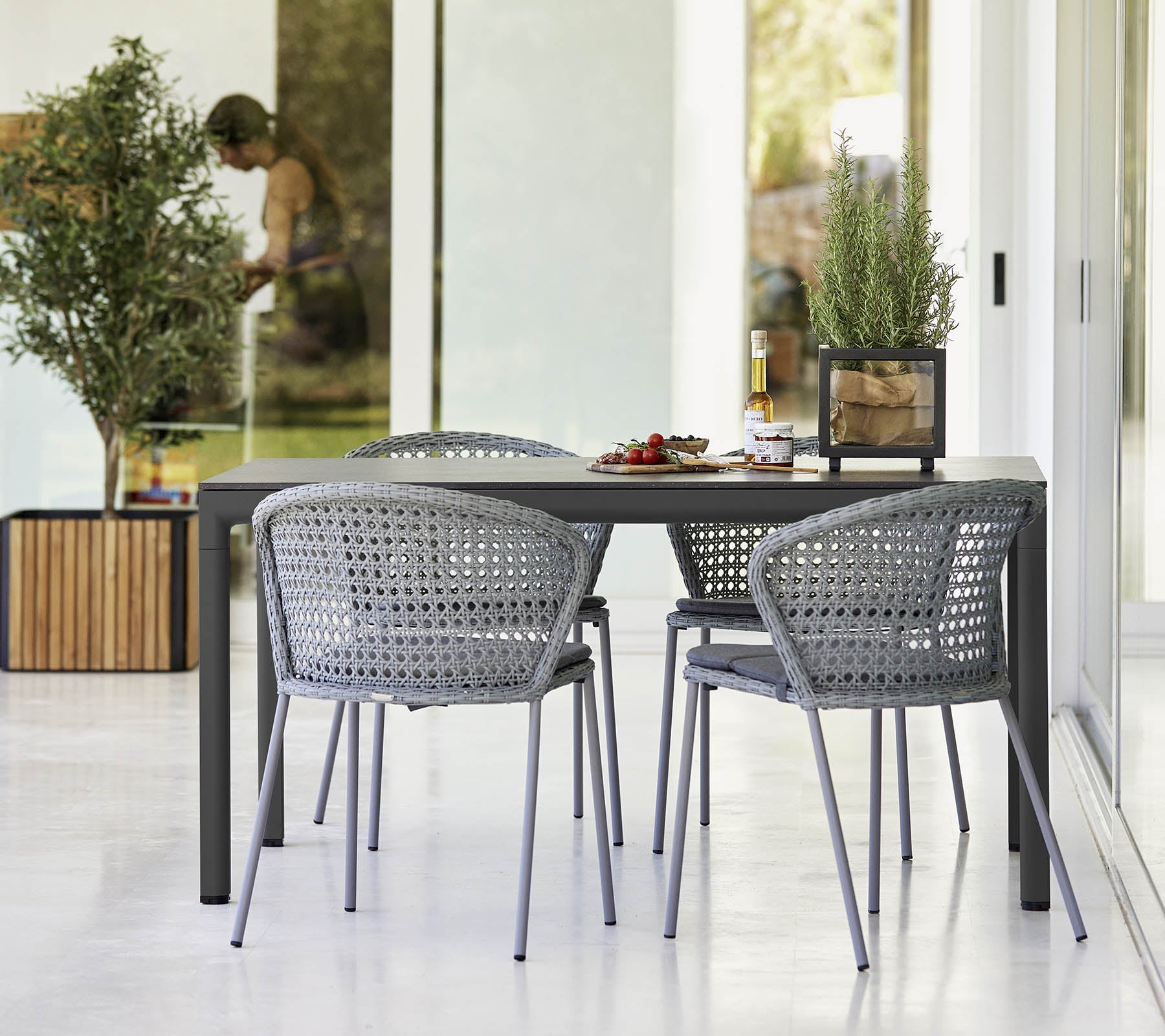 Conjunto de mesa moderno con cuatro sillas trenzadas grises, adornado con pequeñas plantas y un centro de mesa decorativo. Ambiente luminoso y acogedor.