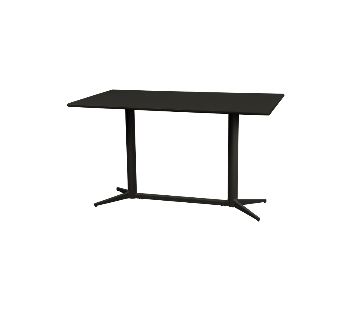 Mesa moderna con una superficie rectangular elegante y patas robustas, con un diseño minimalista en un acabado oscuro. Ideal para varios espacios.