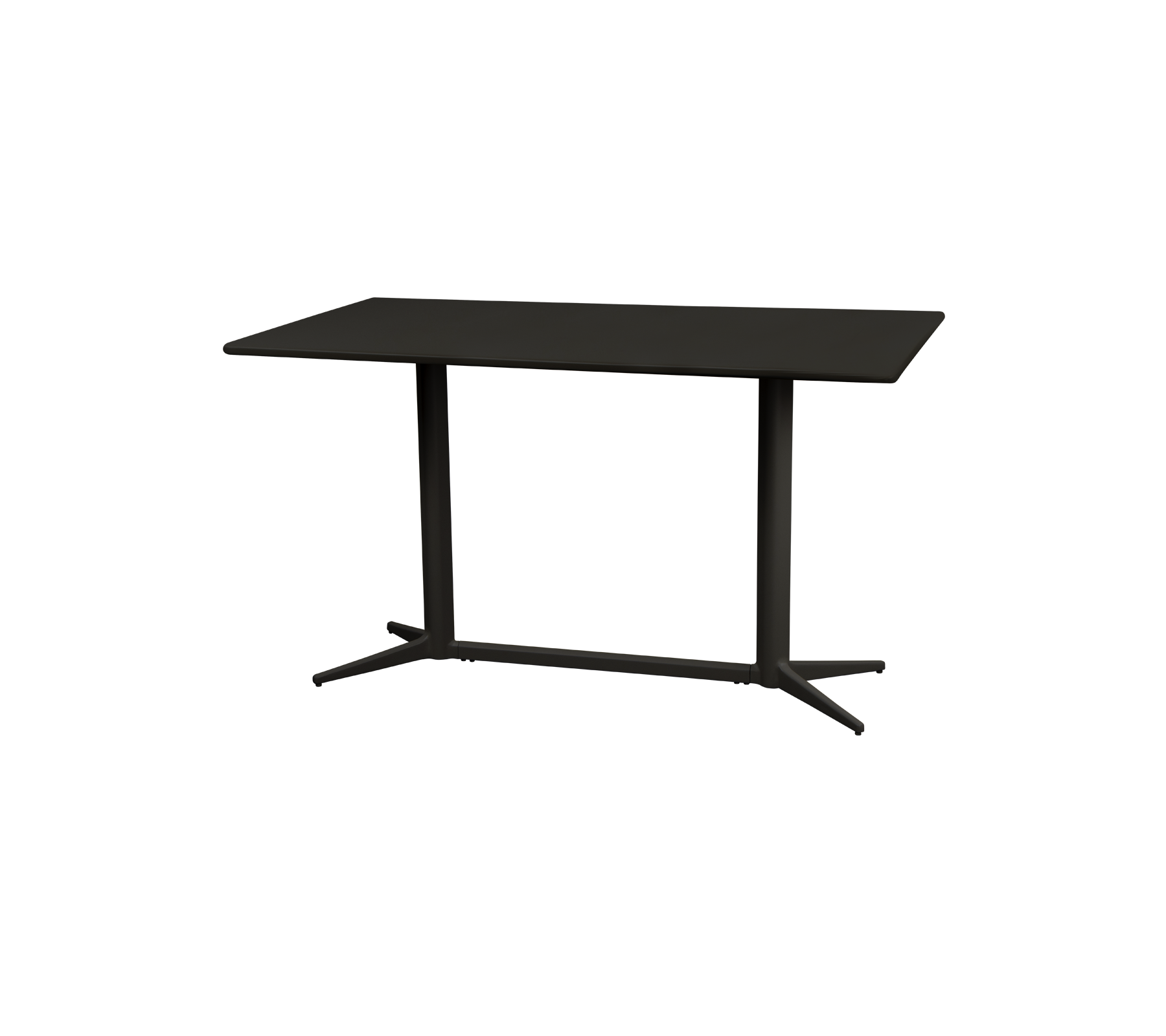 Mesa moderna con una superficie rectangular elegante y patas robustas, con un diseño minimalista en un acabado oscuro. Ideal para varios espacios.