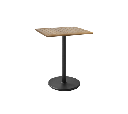 Mesa cuadrada con una superficie de madera laminada y una base de pedestal negra elegante, ideal para varios ambientes y estilos.