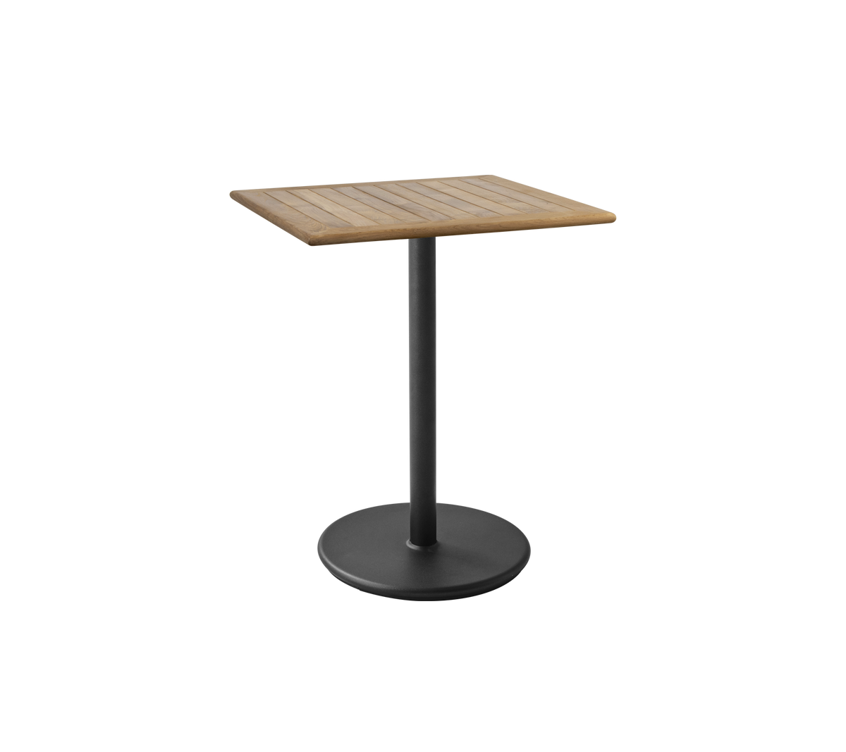 Mesa cuadrada con una superficie de madera laminada y una base de pedestal negra elegante, ideal para varios ambientes y estilos.