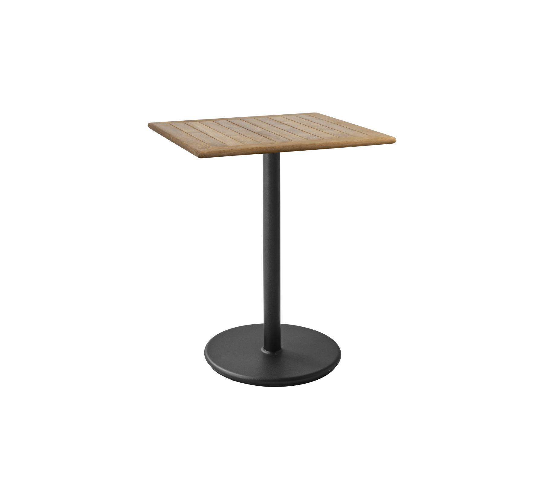 Mesa cuadrada con una superficie de madera laminada y una base de pedestal negra elegante, ideal para varios ambientes y estilos.