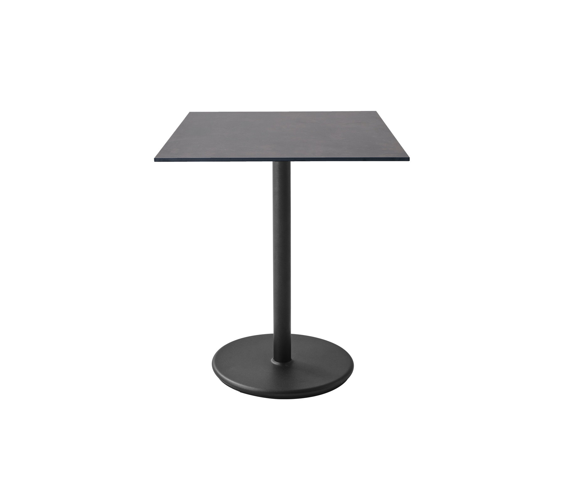 Mesa cuadrada con una superficie lisa y una base redonda sólida, diseñada para espacios modernos y uso versátil.