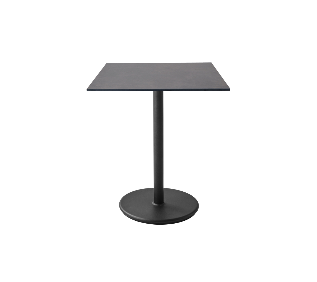 Mesa cuadrada con una superficie lisa y una base redonda sólida, diseñada para espacios modernos y uso versátil.