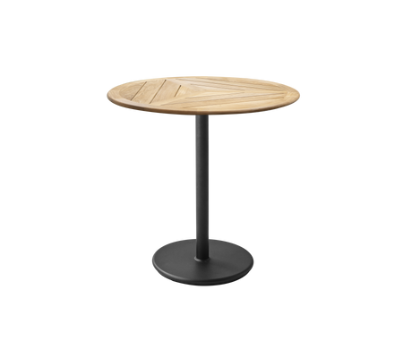 Mesa redonda con una tapa de madera que presenta un diseño geométrico y una base de metal con acabado mate. Ideal para comidas informales o encuentros.