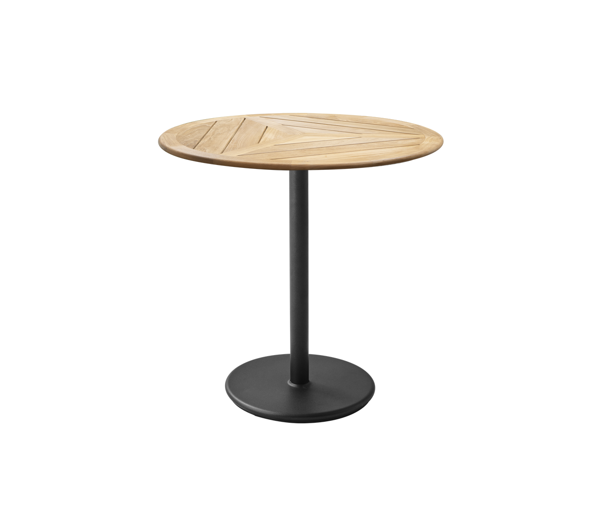 Mesa redonda con una tapa de madera que presenta un diseño geométrico y una base de metal con acabado mate. Ideal para comidas informales o encuentros.