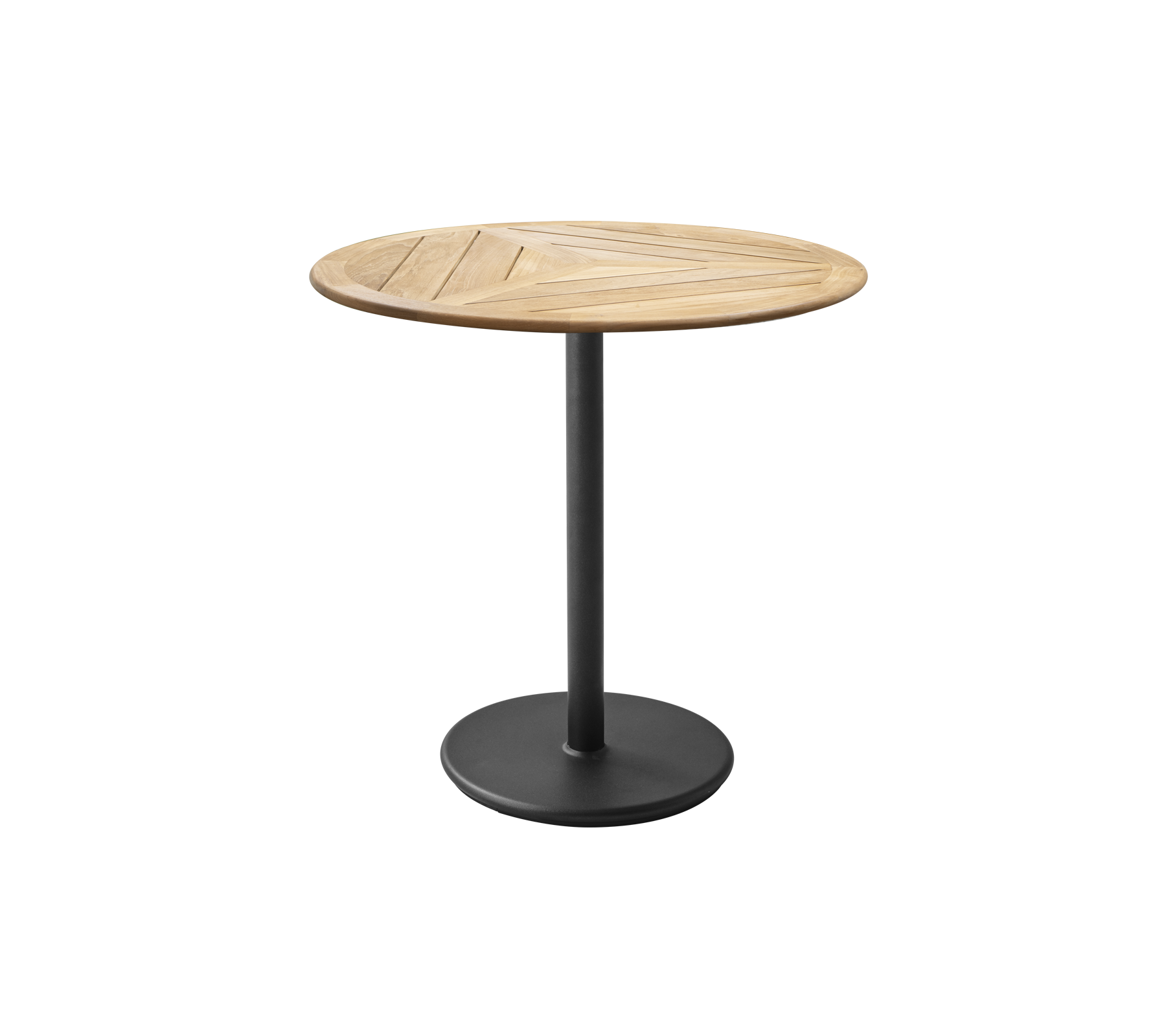 Mesa redonda con una tapa de madera que presenta un diseño geométrico y una base de metal con acabado mate. Ideal para comidas informales o encuentros.