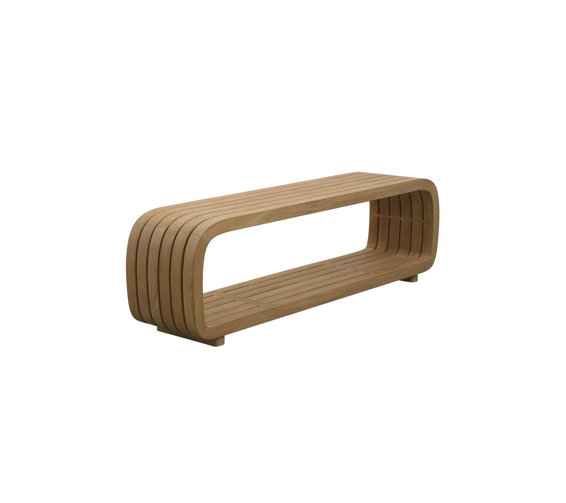 Módulo de sofá Mellow/mesa de café – una pieza exterior escultórica y multifuncional con líneas suaves y orgánicas y un diseño duradero y resistente a la intemperie, ideal para crear un ambiente de salón sereno y elegante.