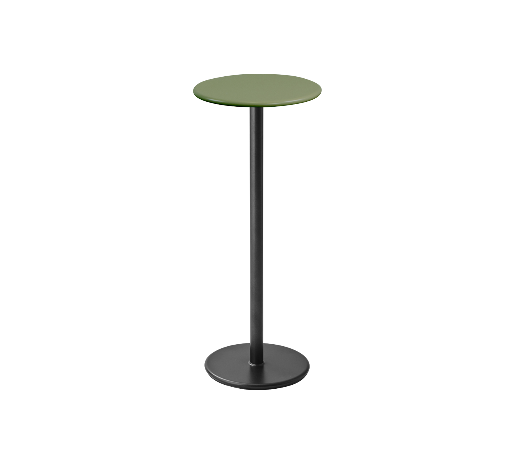 Mesa alta y esbelta con una parte superior circular verde y una base negra, perfecta para entornos informales o reuniones sociales.