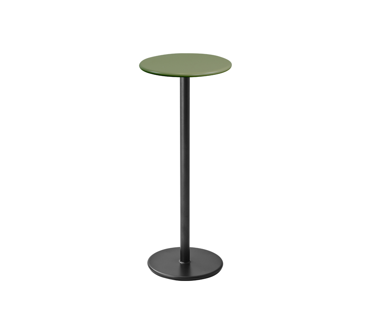 Mesa alta y esbelta con una parte superior circular verde y una base negra, perfecta para entornos informales o reuniones sociales.