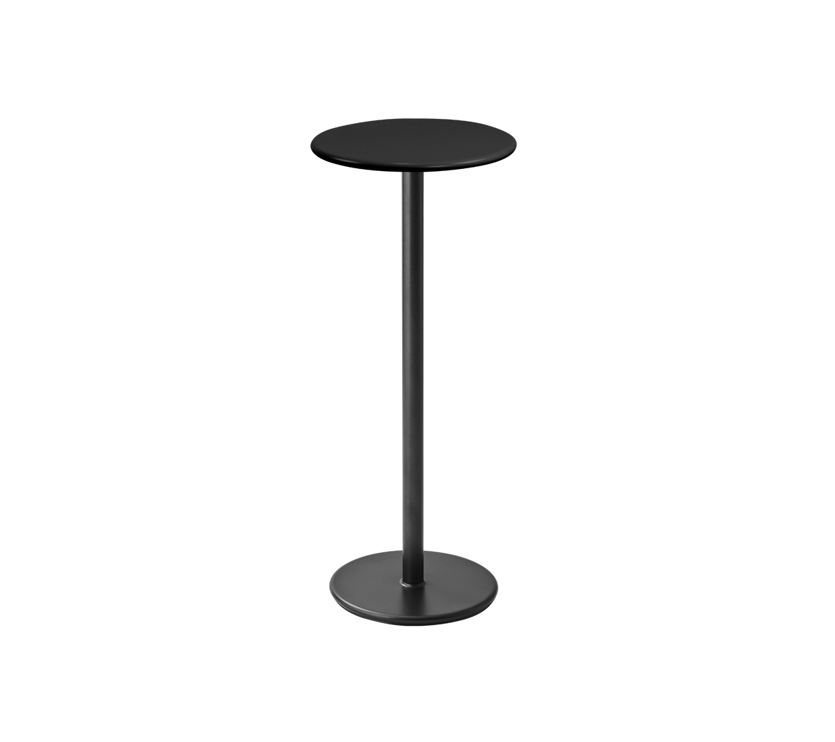 Una mesa redonda moderna y elegante con tapa negra y una base delgada negra, ideal para comidas o bebidas informales.