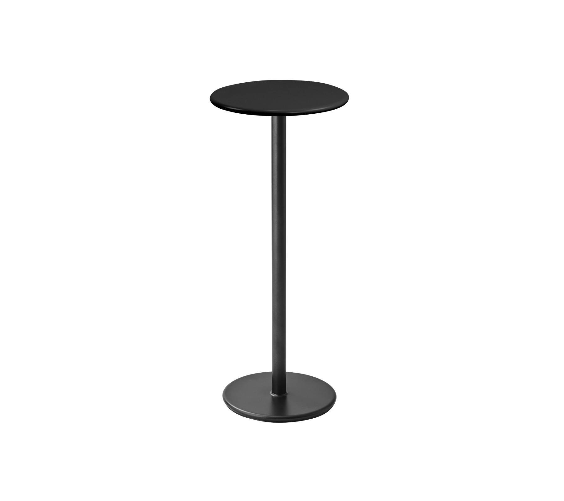 Una mesa redonda moderna y elegante con tapa negra y una base delgada negra, ideal para comidas o bebidas informales.
