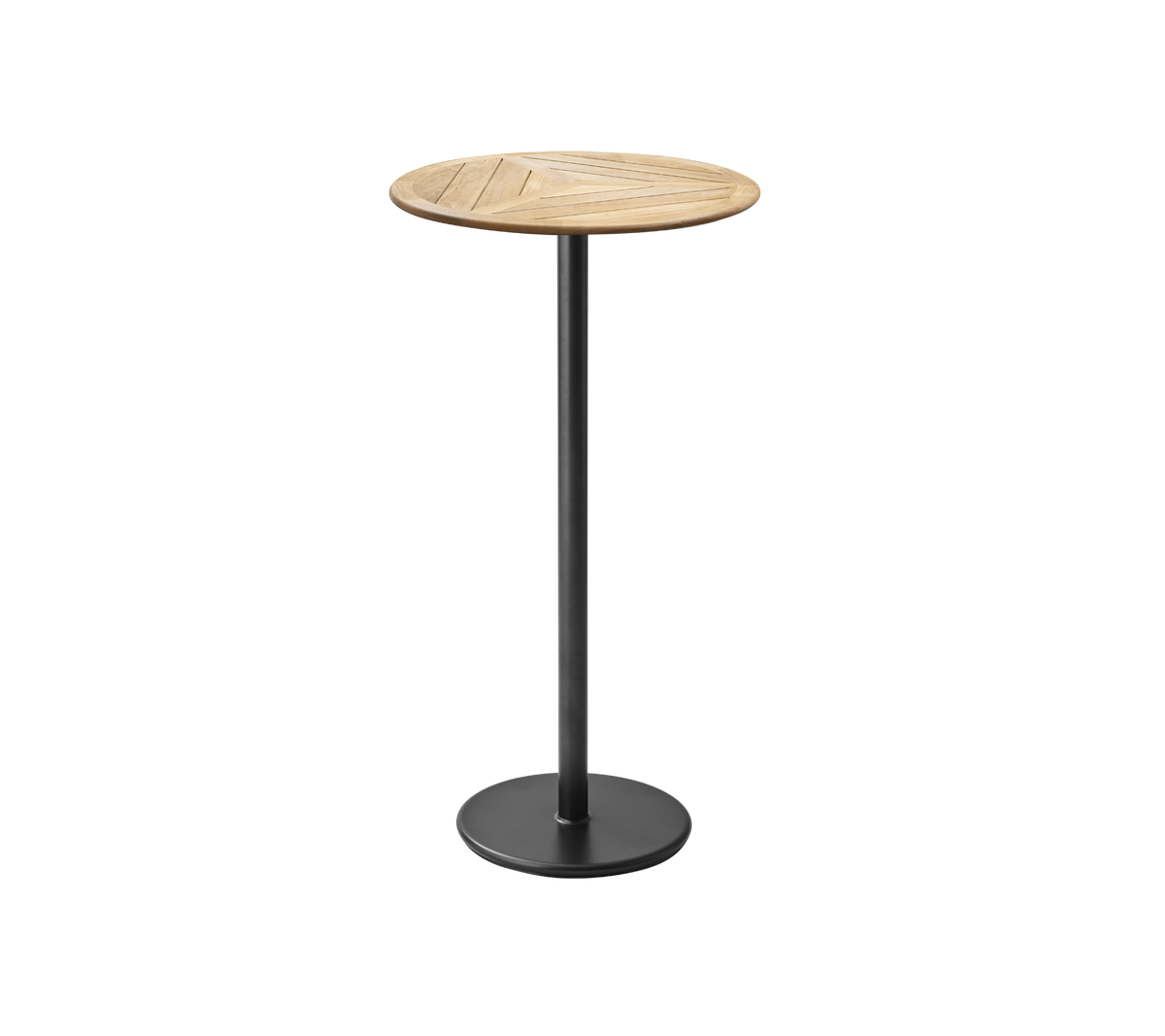 Mesa bistró redonda de madera elegante con una base negra elegante, perfecta para reuniones informales o como pieza de acento contemporánea.