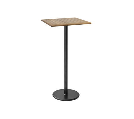 Una mesa elegante y moderna con una cima cuadrada de madera y una base de metal negro resistente, perfecta para comidas informales o bebidas.